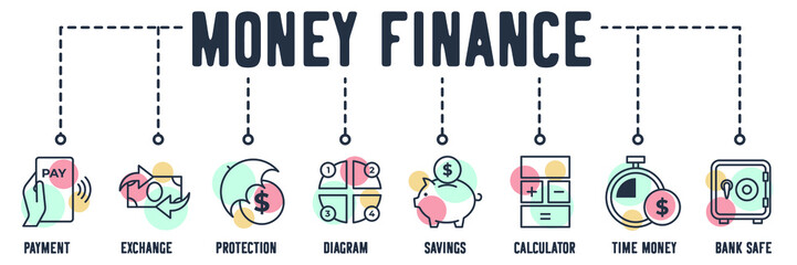 Money Business Finance banner web icon. payment, exchange, protection, diagram, savings, calculator, time money, bank safe vector illustration concept.