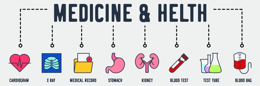 Medicine And Health Banner Web Icon. Cardiogram, X Ray, Medical Record, Stomach, Kidney, Blood Test, Test Tube, Blood Bag Vector Illustration Concept.
