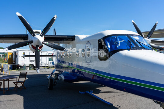 BERLIN, GERMANY - JUNE 23, 2022: Twin-turboprop STOL utility aircraft Dornier 228-212 NG since 2020 owned General Atomics Aerotec. Exhibition ILA Berlin Air Show 2022