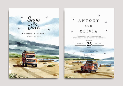 Wedding Invitation Set Of Road Trip On The Beach Watercolor