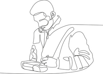 Close up of young Caucasian worker with helmet on head using tablet for work while standing in warehouse. Vector illustration