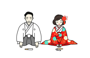 和装の新郎新婦が並んでお辞儀をしているイラスト　色打掛　白紋付羽織袴
