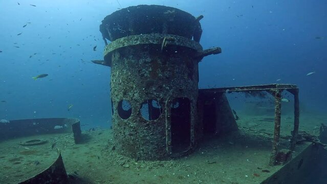 Under water film of the bridge of the ship wreck HTMS Sattakut at Ko Tao island - Sail Rock Island in Thailand