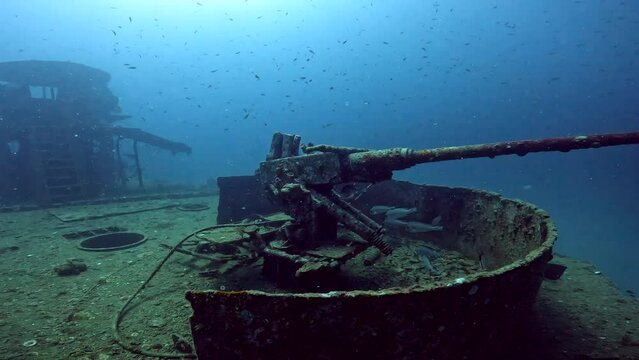 Under water film of the gun torrent of the ship wreck HTMS Sattakut at Ko Tao island - Sail Rock Island in Thailand