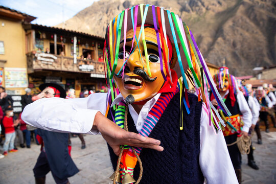 Ollantaytambo, Urubamba - Peru - June 6st 2022: Members of the dance called The Chileans, during Choquekillka Christ festivities. This is a public dance making fun of the Chilean soldiers in Cusco.