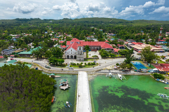 Baclayon, Bohol, Philippines - Aerial of Baclayon Church, the town center and fish port.