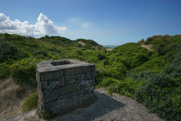 Remains of ruin of bunker at the coast of the north sea on the beach in green dune landscape near...
