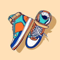 Fashion sneakers illustration in colorful drawings, digital graphics sneakers vector line art isolated, shoe illustration template. - obrazy, fototapety, plakaty