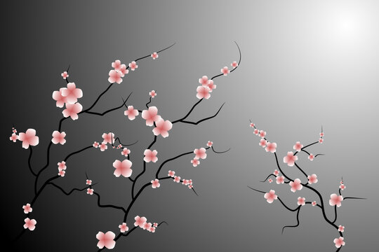 pink cherry blossom branches Japanese cherry blossom branches Vector illustration Hand drawn illustration Pink flowers. Art of flowers with soft pastel blur for background.Postcard.