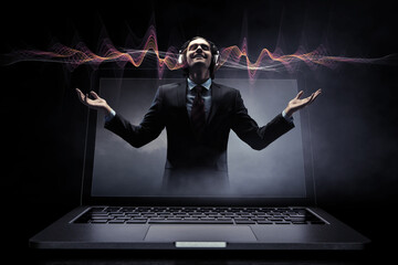 Young businessman with headphones . Mixed media