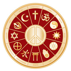 Religions of the World Gold Mandala Wheel, International Peace Symbol: Christianity, Hindu, Taoism, Baha'i, Buddhism, Jain, Shinto, Confucianism, Native Spirituality, Judaism, Sikh, Islam.  Crimson.