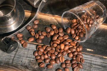 coffee beans on wooden board