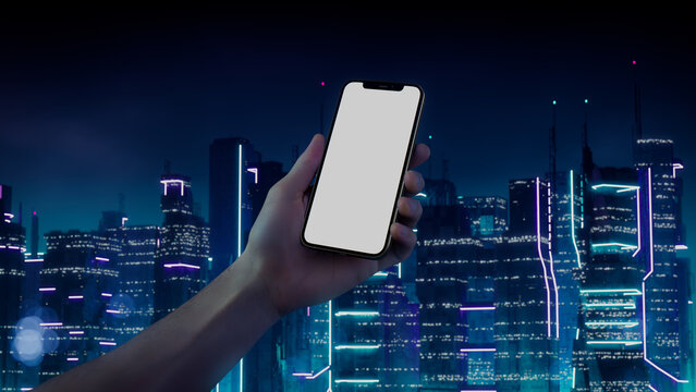 Male Hand holding Smartphone in Futuristic environment.