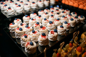 Meringue with whipped cream and fresh berries on top on a plate. 
