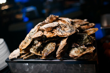 Fresh closed oysters. Fresh seafood lies in a basket with ice
