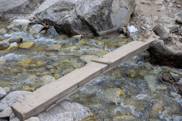 wooden plank or log place on a crystal clear water to use as a bridge