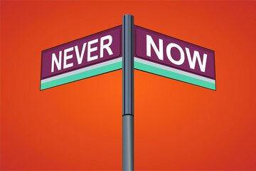 Never on one side with Now another direction, chrome road sign, with read and green direction arrow labels, Halloween Orange Background.