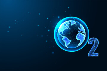 Concept of world oxygen with O2 formula and planet Earth globe in futuristic glowing style on blue
