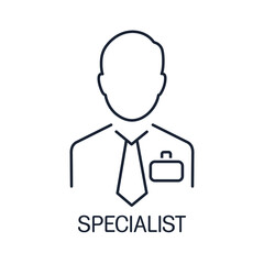 Man with a badge. Specialist. Vector linear icon isolated on white background.