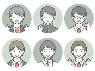 喜ぶ男子学生の丸アイコンセット