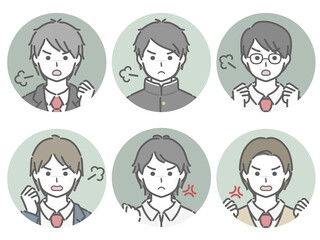 怒る男子学生の丸アイコンセット