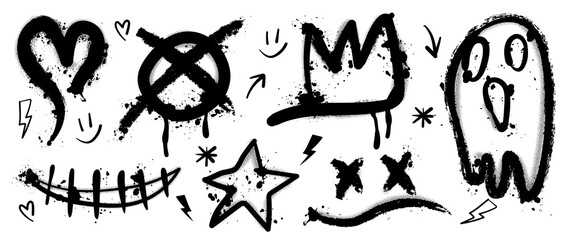 Set of black graffiti spray. Collection of arrow, skull, heart and symbols with spray texture and stencil pattern. Elements on white background for banner, decoration, street art and ads. - obrazy, fototapety, plakaty