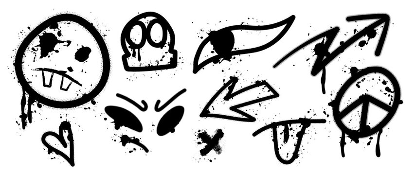 Set of black graffiti spray. Collection of arrow, skull, heart and symbols with spray texture and stencil pattern. Elements on white background for banner, decoration, street art and ads.