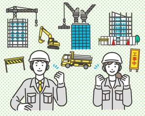 作業員とビル建設のアイコンのベクターイラスト素材／土木／建築／町／都市開発