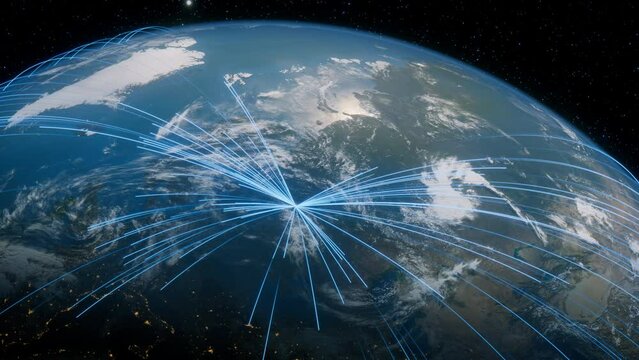 Earth in Space. Blue Lines connect Moscow, Russia with Cities across the World. International Travel or Business Concept.