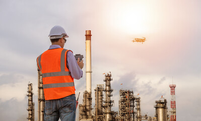 Engineer wearing uniform, white helmet and ear muff standing hand holding drone inspection survey...