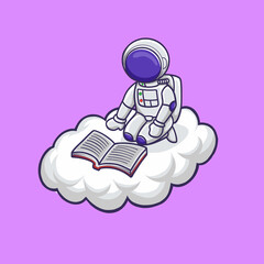 Cute Astronaut Read Book, Sitting On The Clouds. Cartoon character Vector Icon Illustration. 