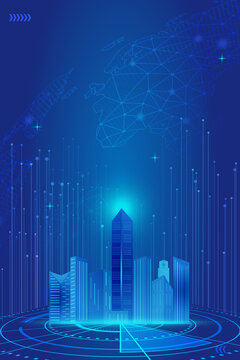Dot line under the earth future city building future technology sense poster background