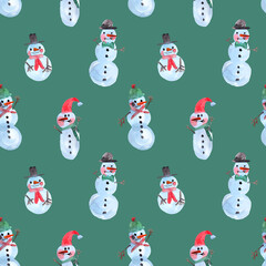 Funny snowmen in hats and scarves seamless watercolor pattern on a dark green background. Christmas, New Year background with o snowmen. Texture for wrapping paper, festive textiles, fabrics.