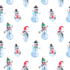Watercolor hand painted seamless pattern with funny snowmen characters. Stylish Christmas, New Year background. Seamless illustration for wrapping paper, textile, decorations.