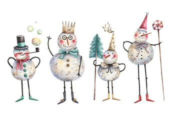 Collection of cartoon, watercolor snowmen in holiday hats isolated on white background. Cute, funny New Year and Christmas characters. Snowman in a crown, snowman in a bowler hat.