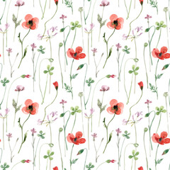 Red poppies, green field herbs seamless watercolor pattern on white background. Wild flowers gentle floral background.Texture for fabric, textile, wallpaper.