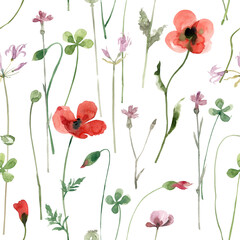 Wildflowers and herbs, poppies, clover, carnations seamless watercolor pattern on white background. Bright summer flowers hand-drawn watercolor background.
