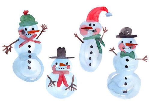 Set of funny, cute Christmas characters hand-drawn in watercolor. Snowmen in hats and scarves in sketch style illustration isolated on white background.