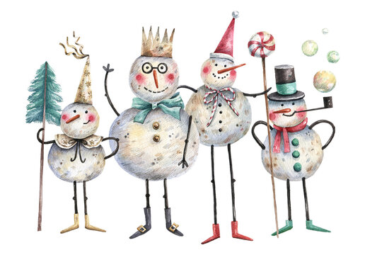 Christmas cartoon illustration with funny snowmen in different festival hats hand drawn watercolor. New Year characters stylish illustration for postcards, posters, window dressing.