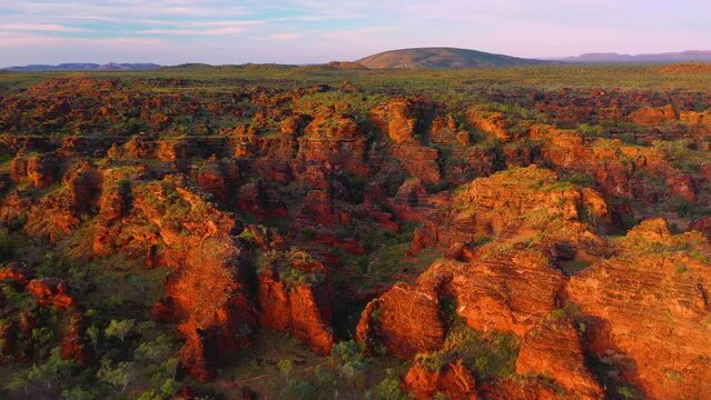 Pushing in version of Aerial video footage of Hidden Valley, Mirima National Park, Kununurra, Western Australia