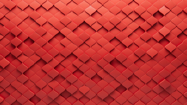 Arabesque, Red Wall background with tiles. 3D, tile Wallpaper with Futuristic, Polished blocks. 3D Render