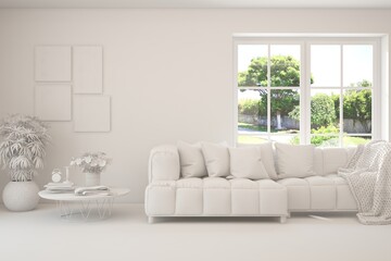 Mock up of stylish room in white color with sofa and green landscape in window. Scandinavian interior design. 3D illustration