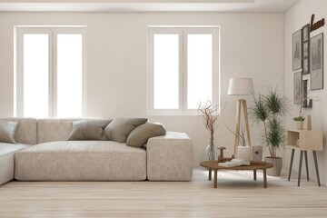 White living room with sofa. Scandinavian interior design. 3D illustration
