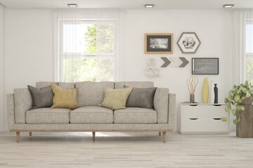 White living room with sofa and summer landscape in window. Scandinavian interior design. 3D illustration