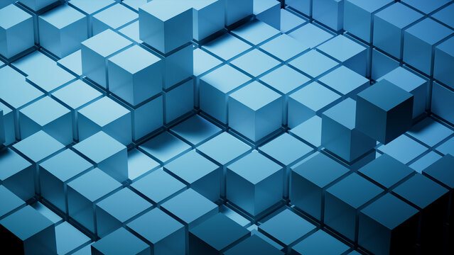 Blue, Glossy Cubes Perfectly Aligned to create a Modern Tech Background. 3D Render.