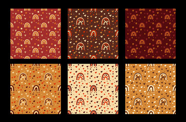 Autumn fall seamless pattern with different Set of trendy Rainbow Polka Dots and Star. Autumnal collection of background with decorative seamless patterns.