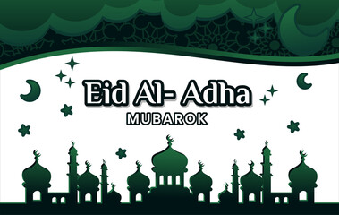 Eid al-Adha banner vector design with an Islamic green background and a creative and simple mosque motif