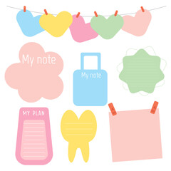 Cute paper notes. Stationary set. Scrapbook notes and cards.Printable planner stickers. To Do List note. Template for your message. Decorative planning element. Vector illustration.