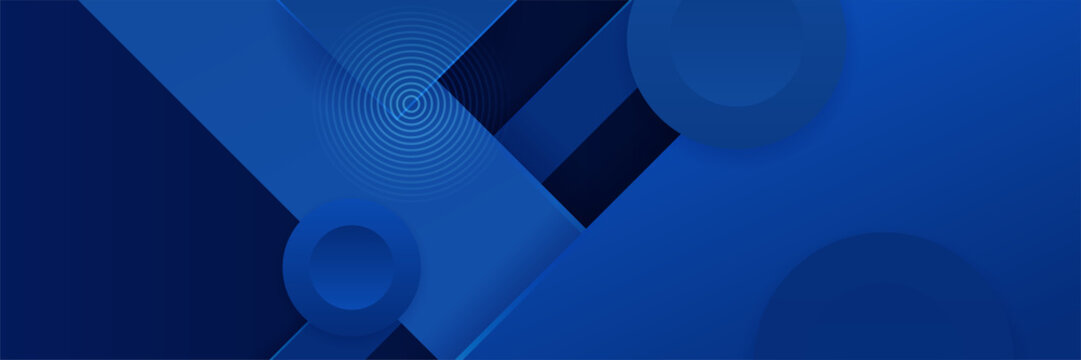 Blue abstract vector long banner. Minimal background with arrows circles geometric shapes and copy space for text. Facebook cover, web banner