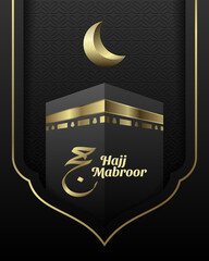 Luxury Hajj Mabroor Poster, Flyer, Social Media Post Template With Kaba, 3D Gold Crescent And Islamic Pattern
